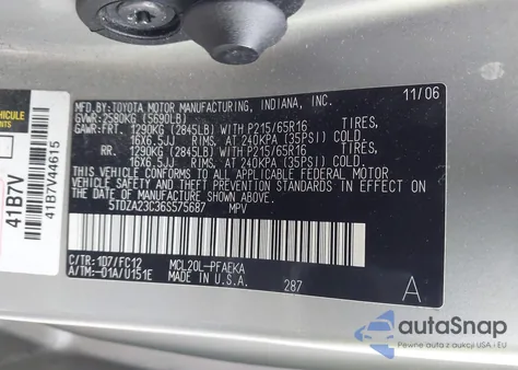 2006 Toyota Sienna Le z USA, uszkodzony, nr VIN 5TDZA23C36S575687